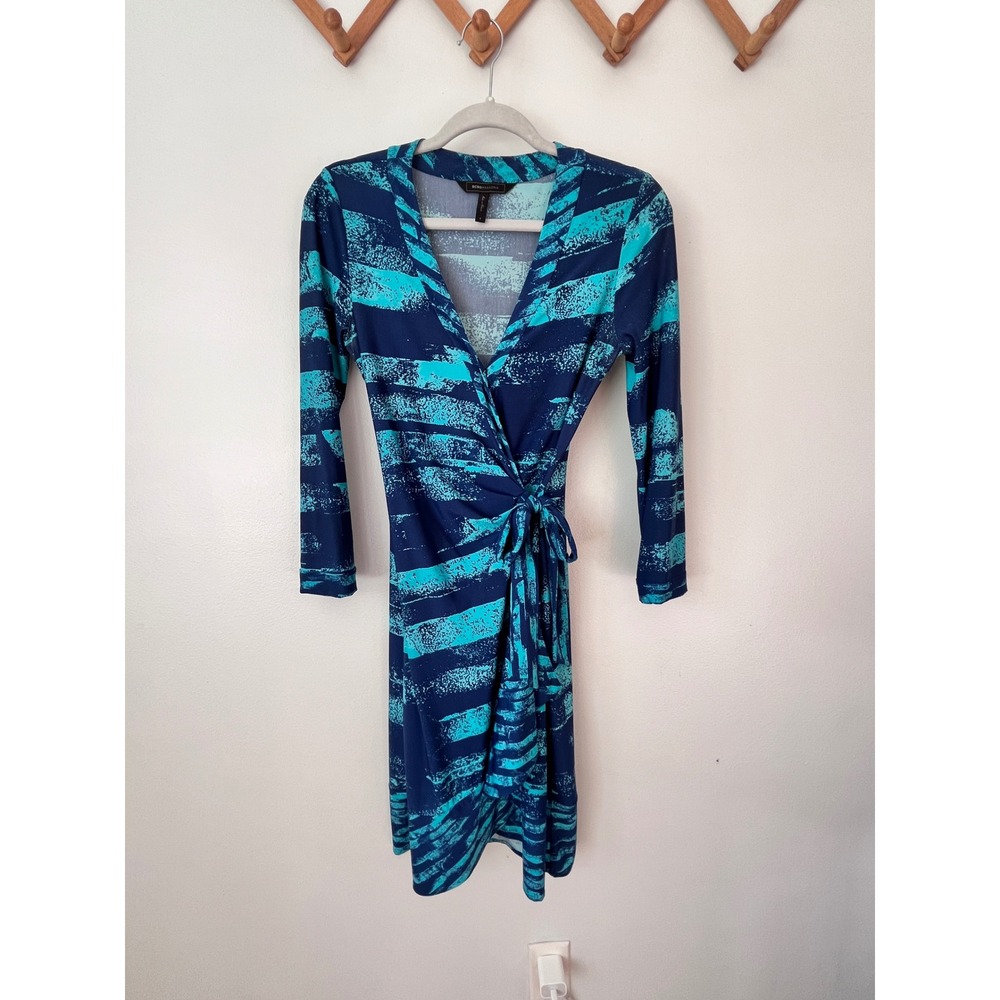 BCBGMAXAZRIA Blue Teal Stripe Print Wrap Dress Midi Long Sleeve - Picture 2 of 5